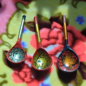 Set of Three Vintage Hand-Painted Wooden Khokhloma Spoons